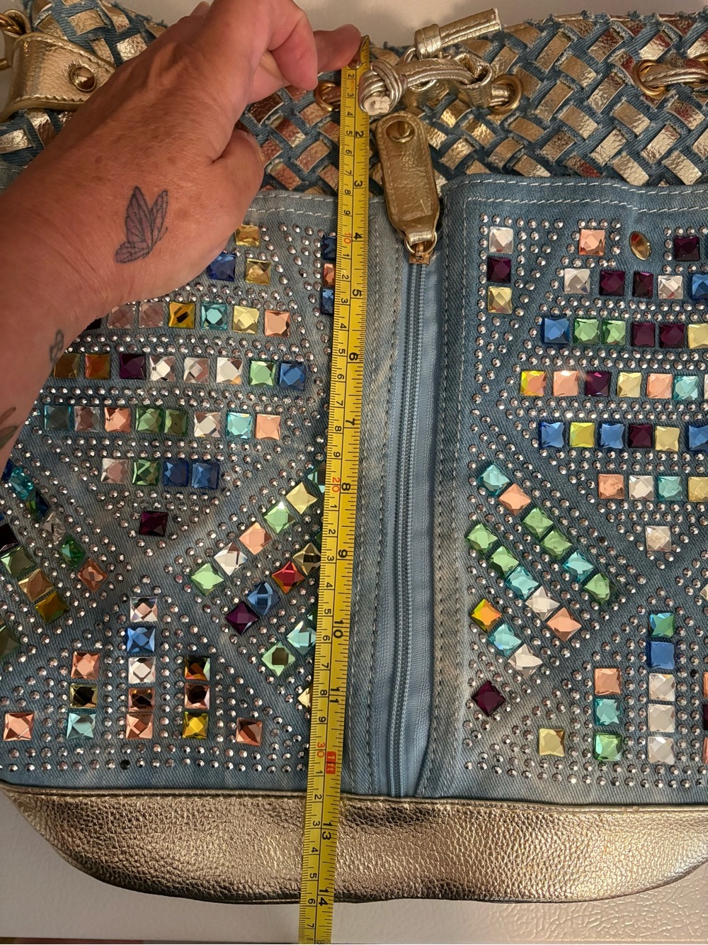 Purse / Backpack Bag Light Blue Denim Gold Rhinestones Pockets Adjustable Straps - Picture 12 of 16